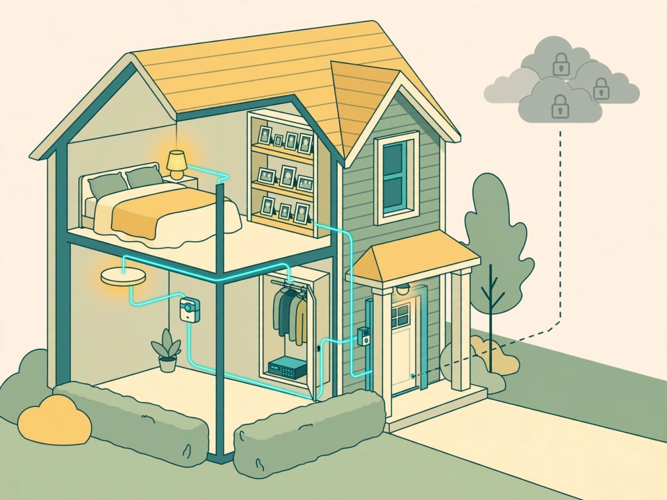 Cutaway of a house with devices linked to a home server, showing a self-hosted smart home vs Apple's cloud.