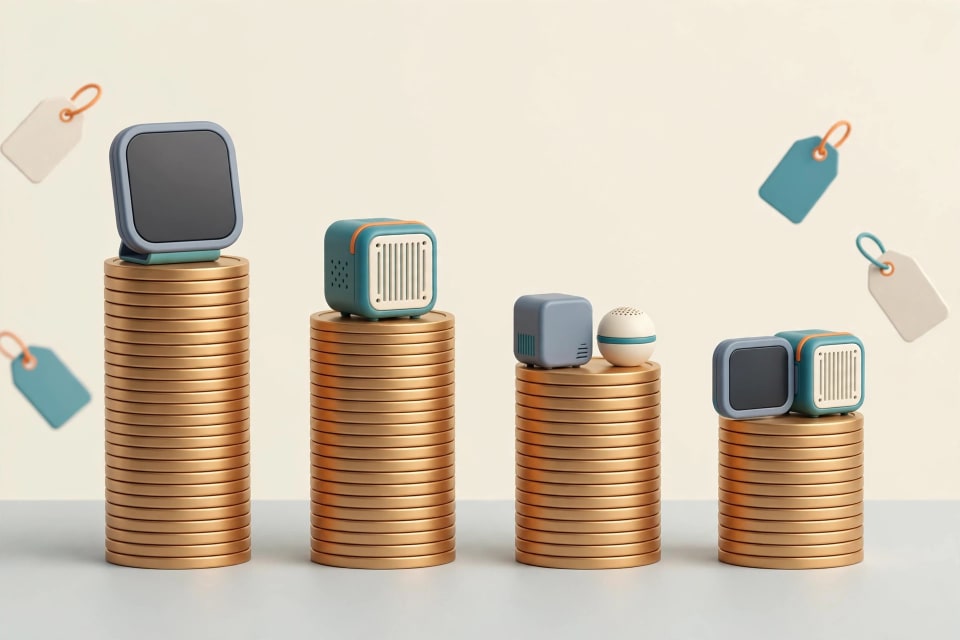Coin stacks topped by smart home devices comparing year-one cost of HomeView and Home Assistant.