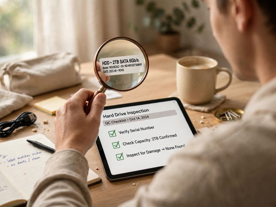 Checking a hard drive model number against the Synology drive compatibility list on a tablet