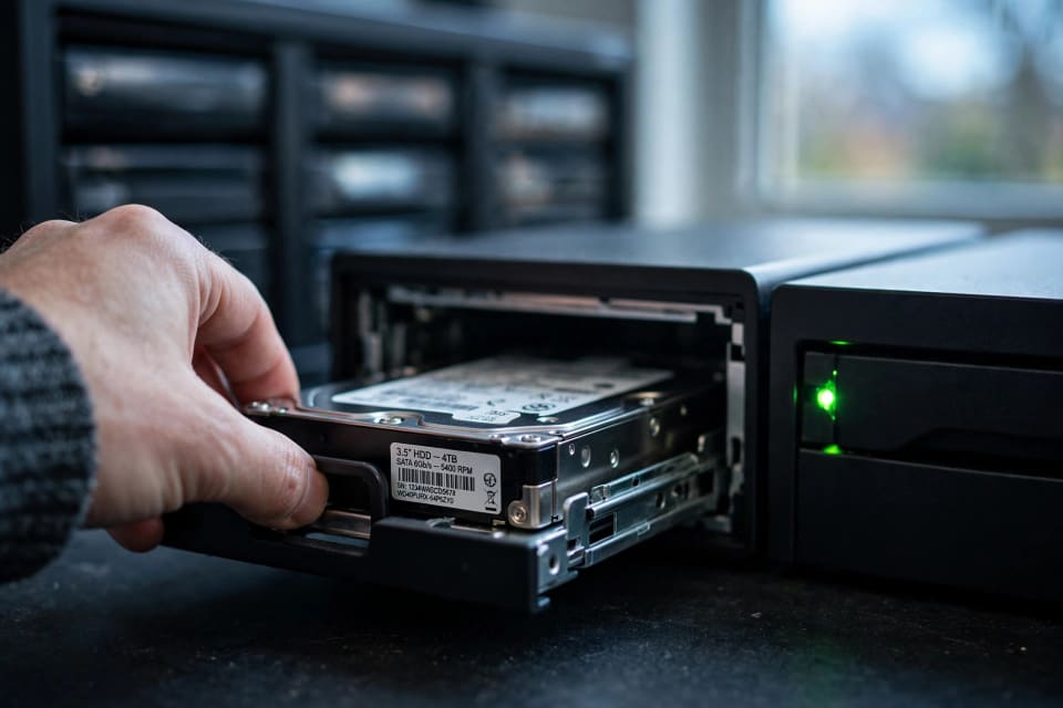 Hand sliding a 3.5-inch hard drive into a NAS bay on a 2025 Synology Plus model