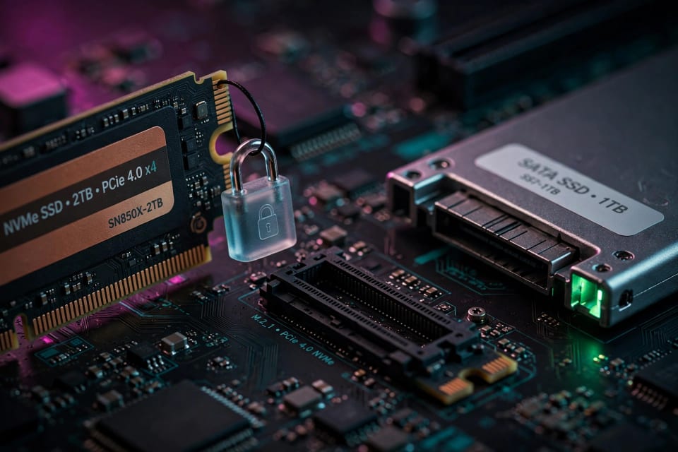 M.2 NVMe SSD beside a NAS slot with a padlock tag showing new pool creation is restricted