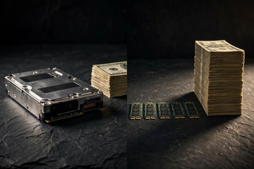 Hard drive with a short cash stack versus SSDs with a tall one, showing cost per TB for flash and HDD storage