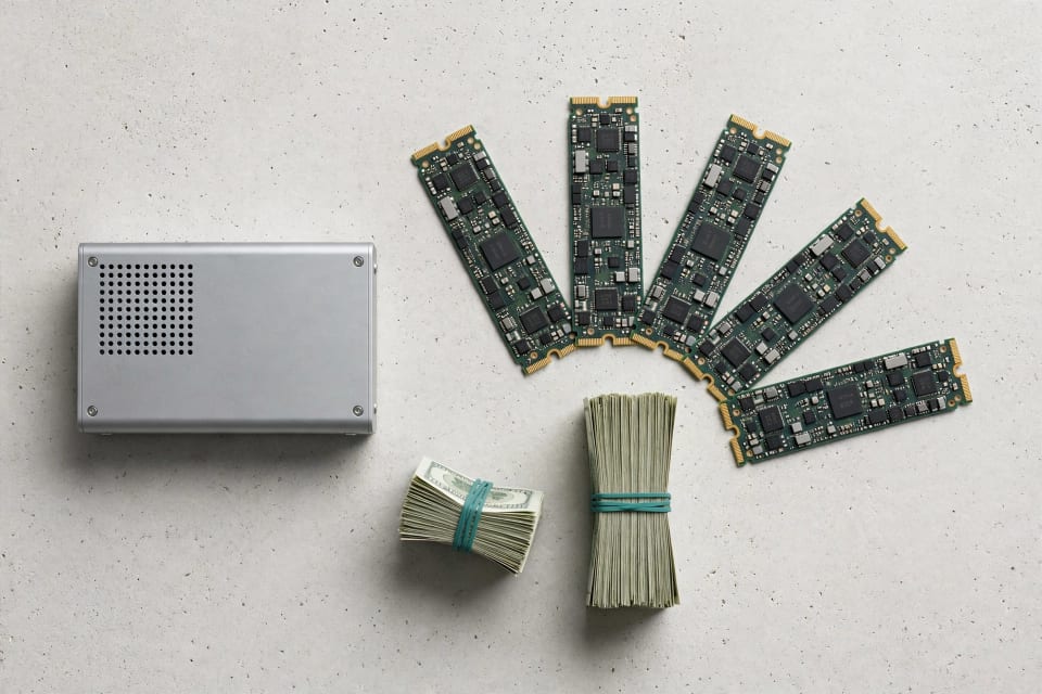 Compact NAS box beside five loose NVMe SSDs, showing the Minisforum S5 price and release date plus drive costs