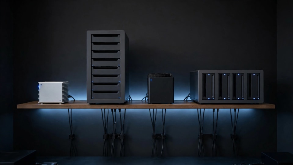 Four home server options lined up on a shelf, comparing the best mini NAS for a homelab in 2026