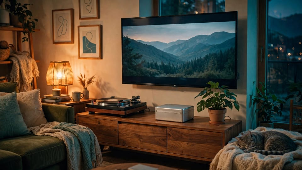 Quiet fanless NAS on a living room media console, an example of when an all-flash NAS is worth it