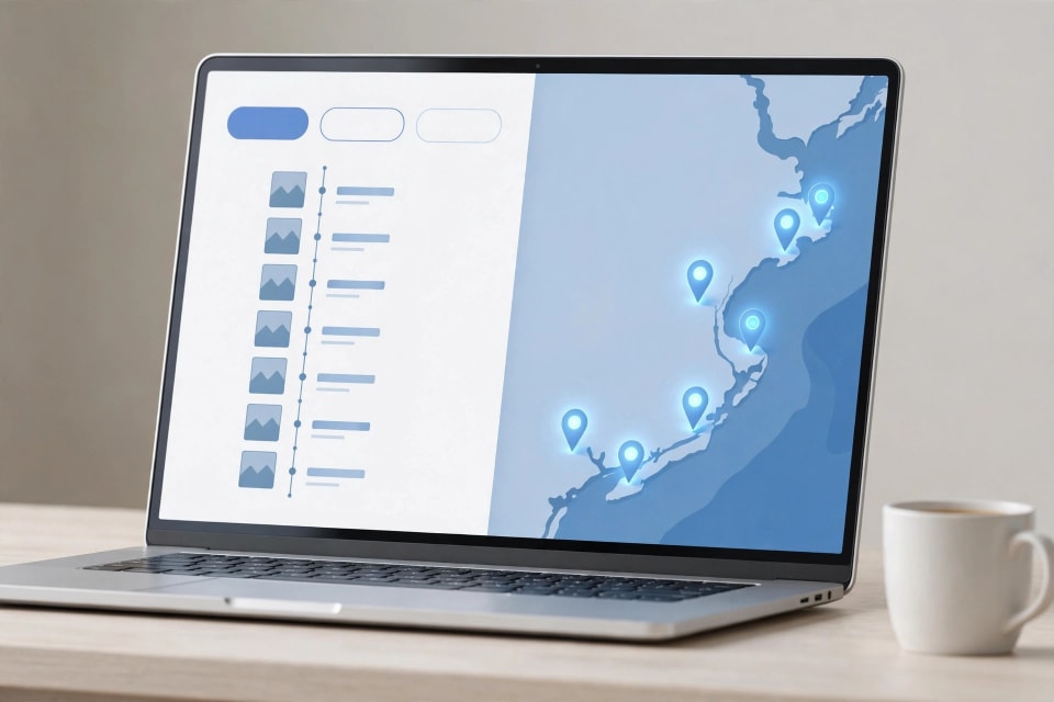 Timeline and map views on a laptop showing ZimaOS 1.8 new features for browsing photos