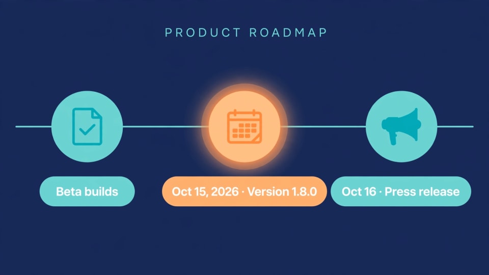 Timeline showing the ZimaOS Photos release date of October 15, 2026, between beta and press release