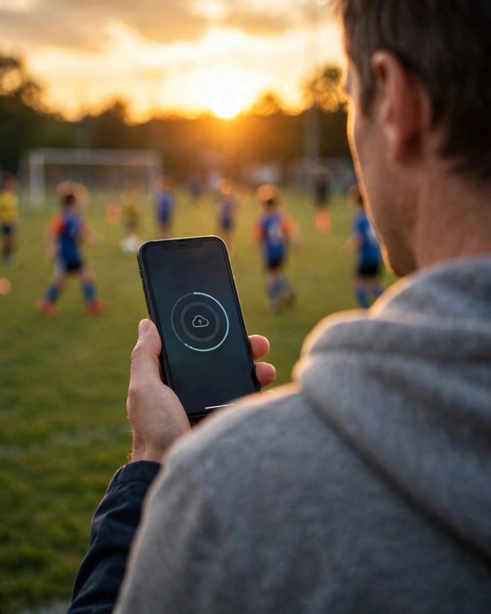 Parent’s phone uploading soccer photos using Zima Client automatic photo backup to a home server
