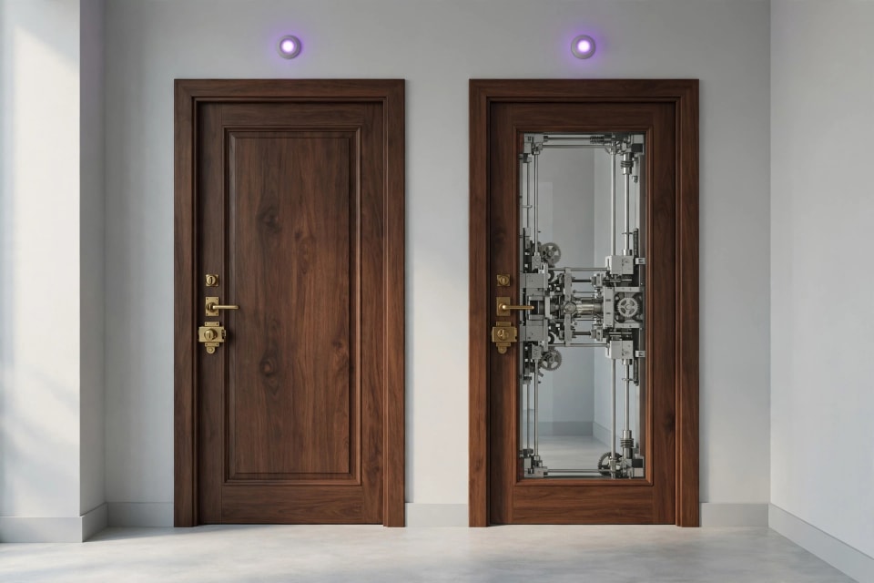 Two doors, one solid and one glass, comparing whether Jellyfin is safer than Plex for a home server