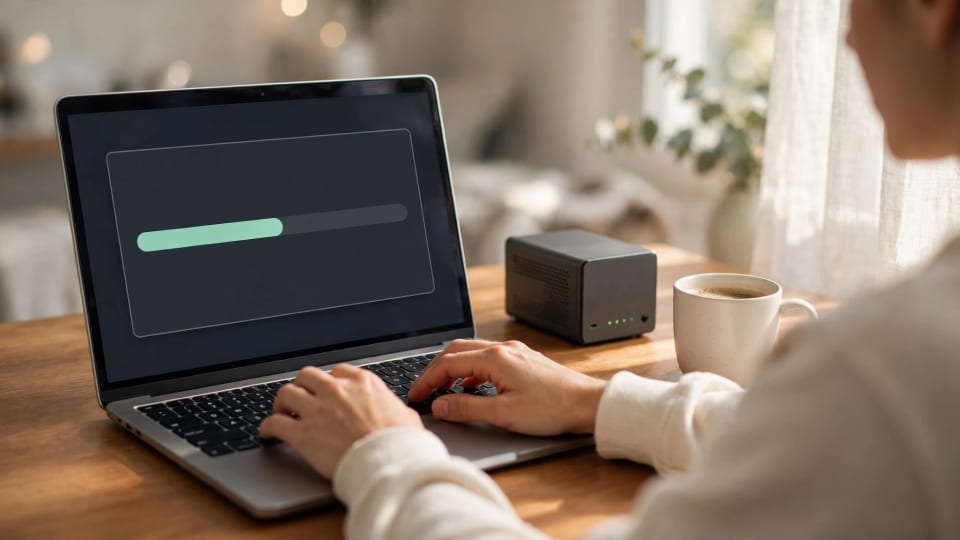 Hands installing a server update on a laptop beside a NAS, showing how to update Plex Media Server manually