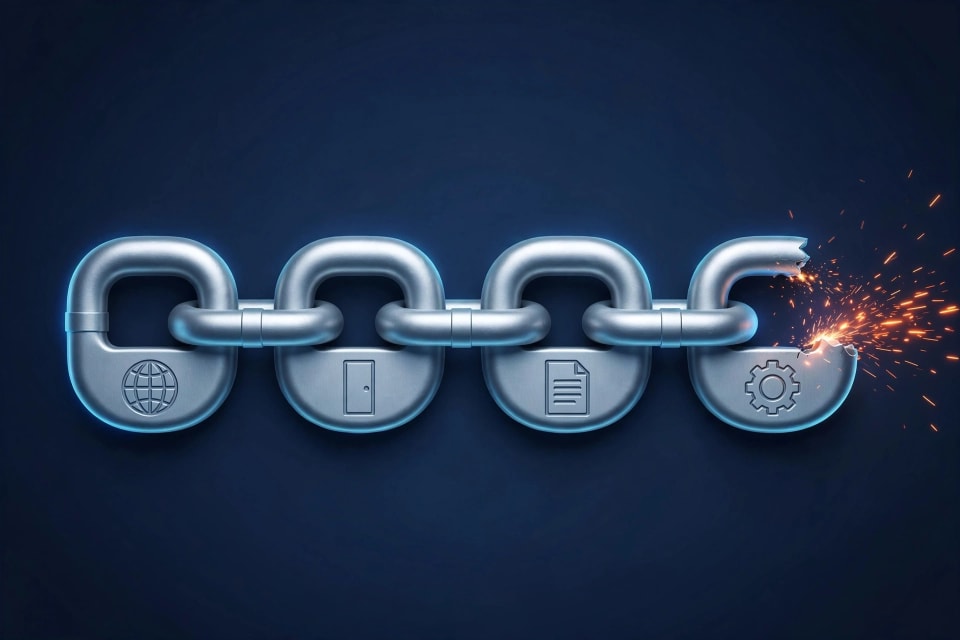 Four connected chain links illustrating the Plex2Shell exploit chain of four linked security flaws