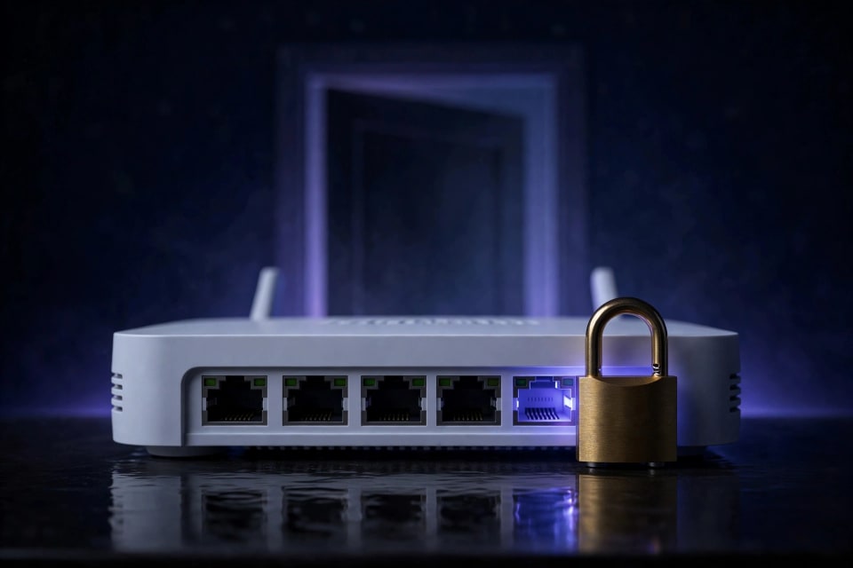 Router with a padlocked port, illustrating how to disable Plex Remote Access and close port 32400