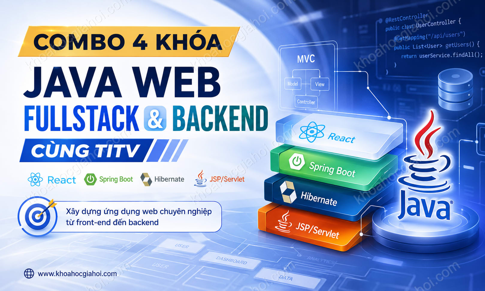 Combo 4 Khóa Java Web Fullstack & Backend Cùng TITV – Trọn Bộ React, Spring Boot, Hibernate, Jsp/Servlet