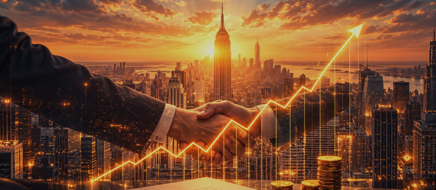 Business handshake over a city skyline with a rising growth chart