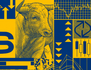 Yellow and blue bull with stock chart social media graphic