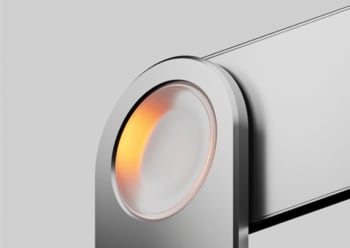 Silver tech device with an orange light, designed by Zynith Labs