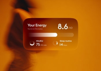 Energy score stats card on an orange background, designed by Zynith Labs