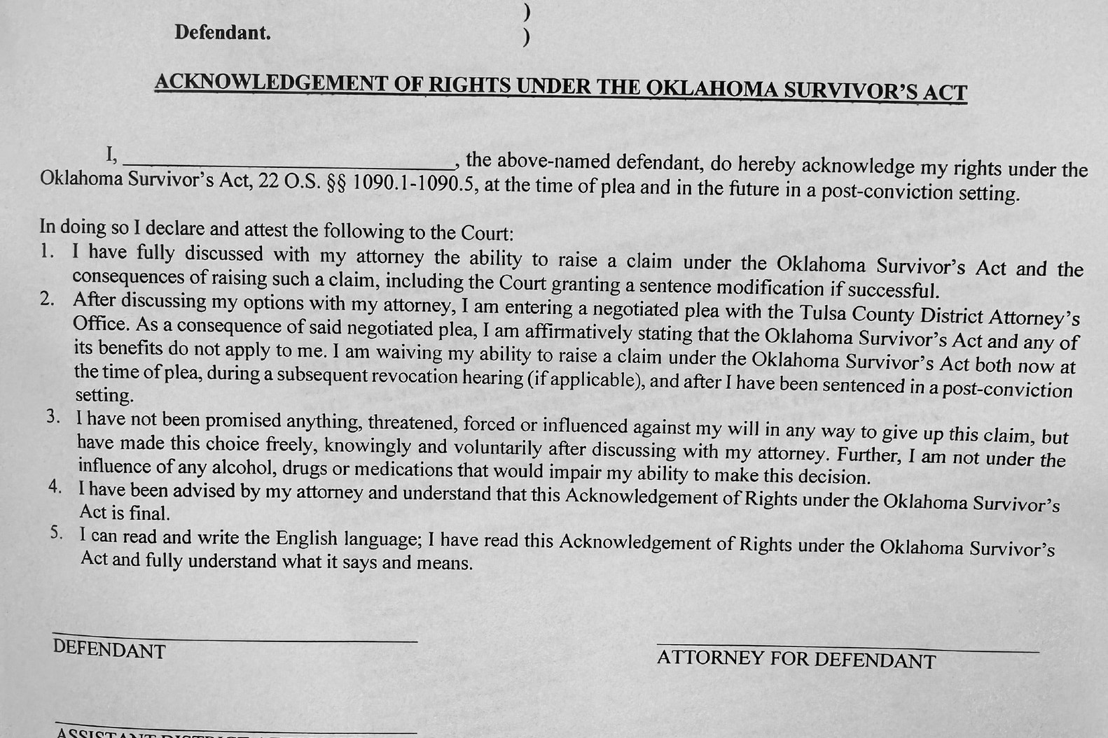 Concerns raised over Tulsa DA’s Survivors’ Act plea deal requirement