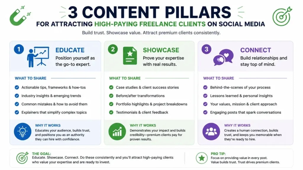 3 content pillars for attracting high-paying freelance clients on social media