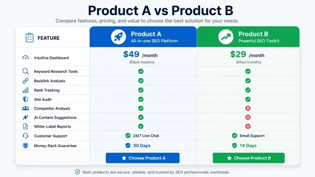 Affiliate SEO comparison table example showing product feature differences