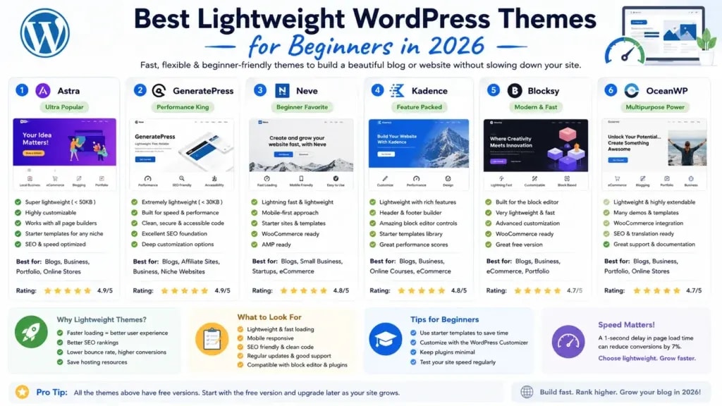 Best lightweight WordPress themes for beginners 2026