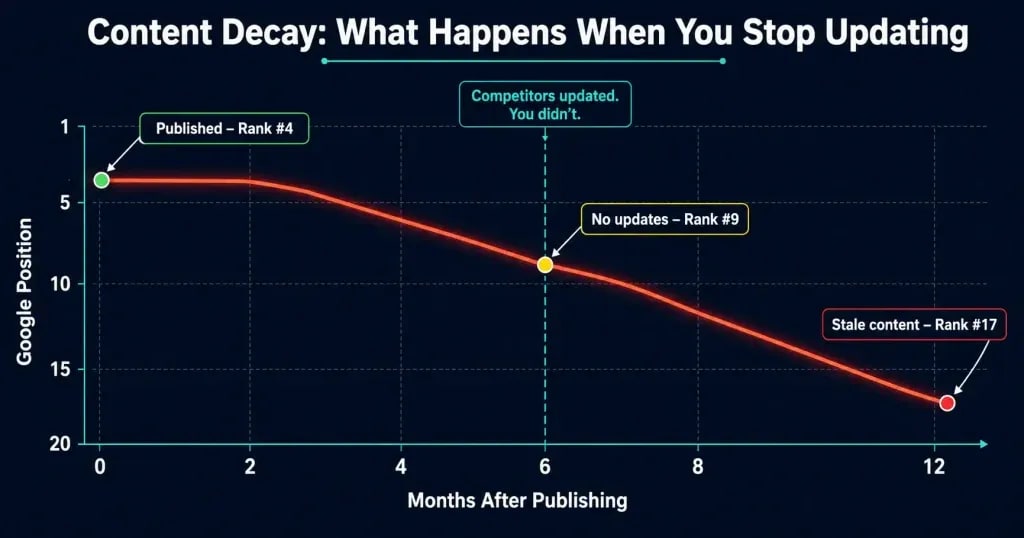 Content decay graph showing Google ranking position declining over 12 months without content updates