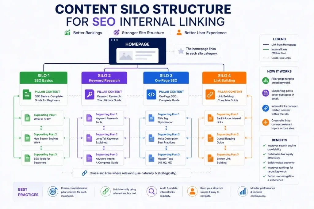 Content silo structure for SEO internal linking