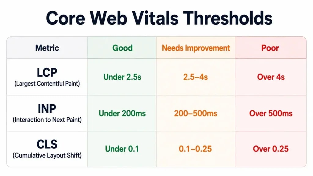 Core Web Vitals thresholds table: LCP good poor, INP good poor, CLS good poor