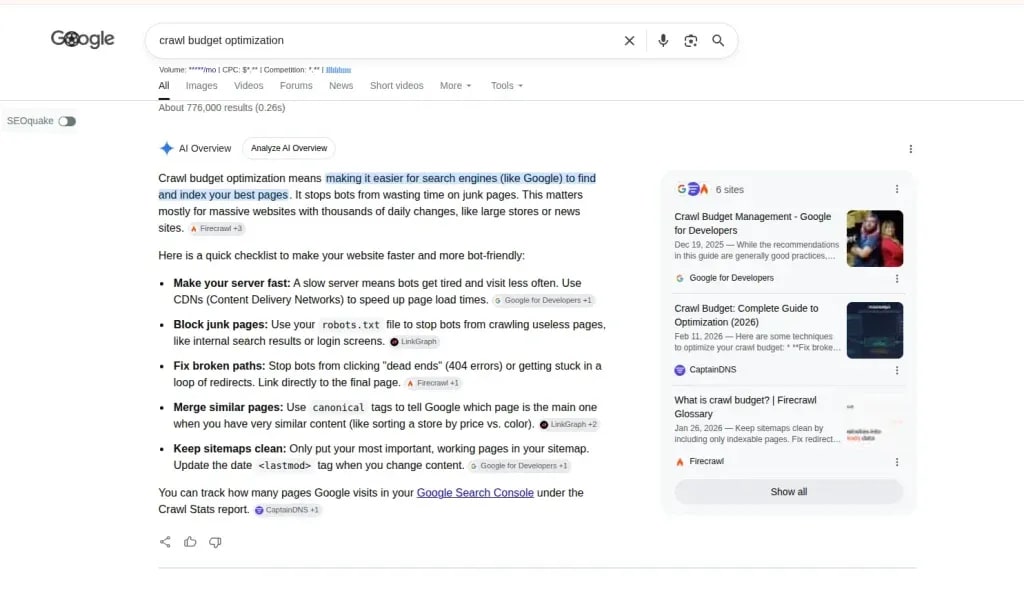 Google AI Overview for "crawl budget optimization" citing RankMath, LinkGraph, and Firecrawl — anobee.com not among the sources