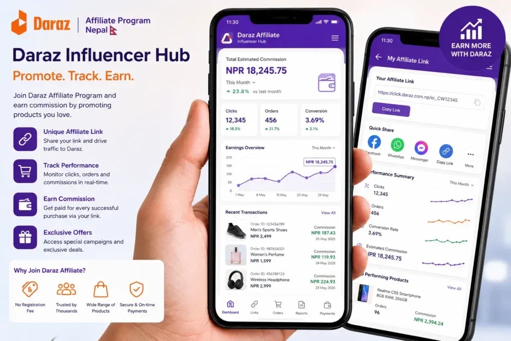 Daraz affiliate program Nepal influencer hub dashboard showing commission and tracking on mobile