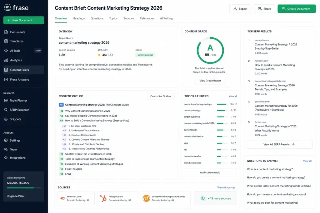 Frase content brief generator dashboard for SEO research