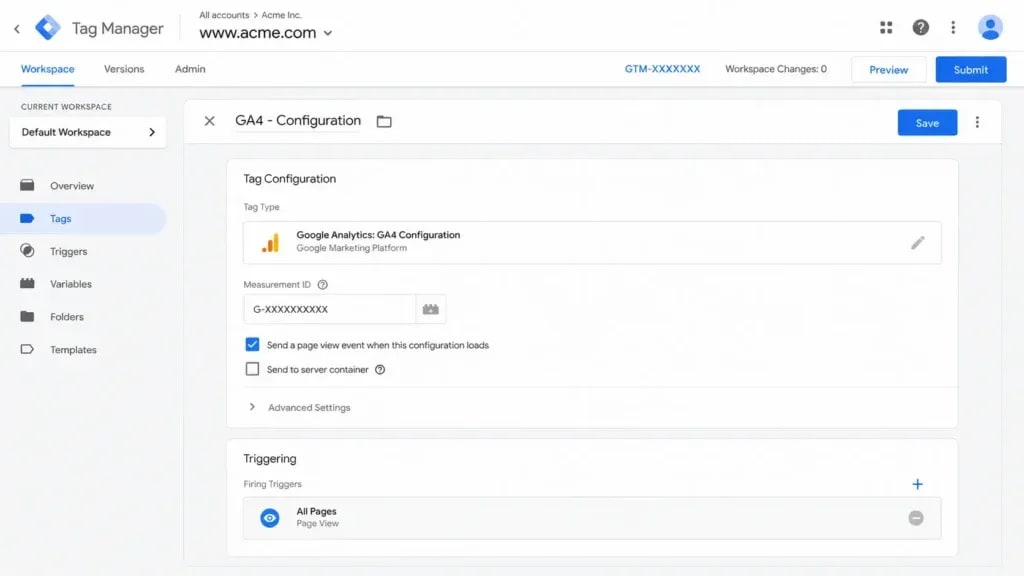 GA4 Google Tag configuration screen inside Google Tag Manager showing Measurement ID field