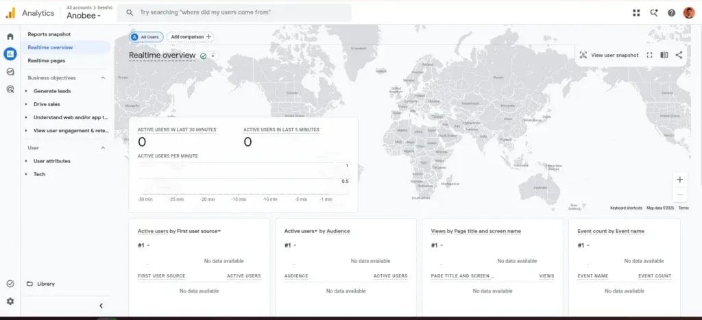 GA4 overview report showing organic traffic sources for a beginner blogger