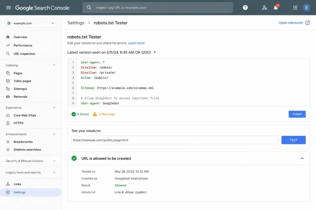 Google Search Console robots.txt tester showing a URL test result