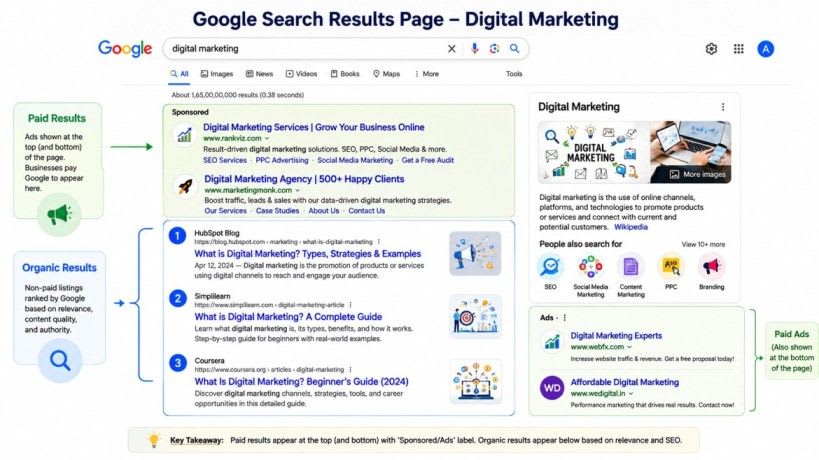 Google Search results page showing organic and paid listings for digital marketing