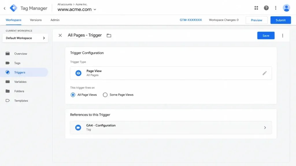 GTM trigger configuration showing All Pages trigger type selected
