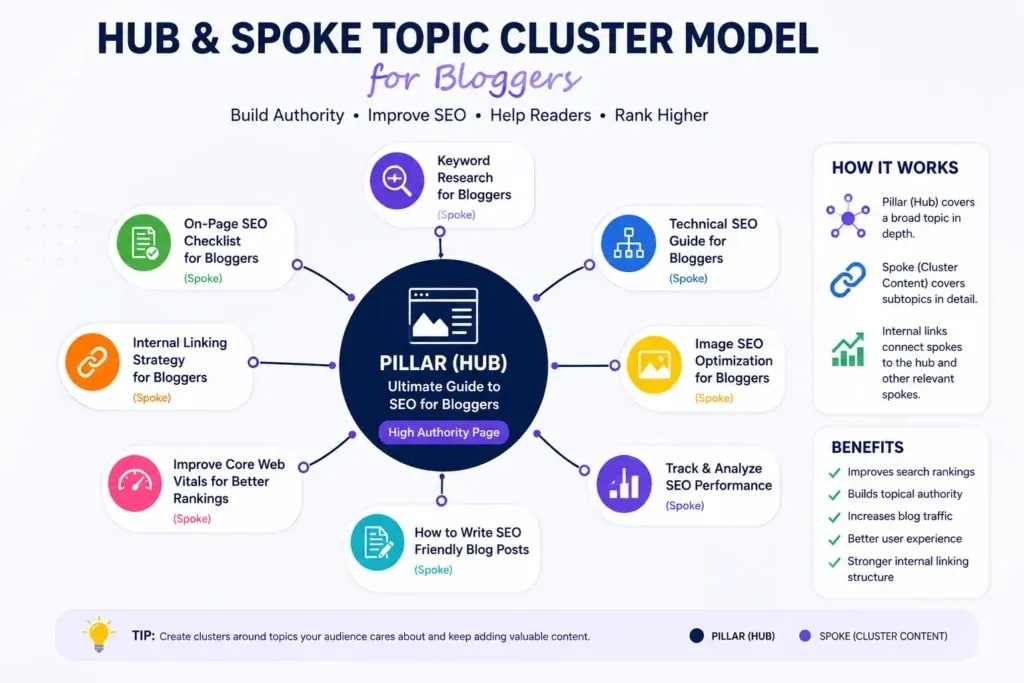 Hub and spoke topic cluster model for bloggers