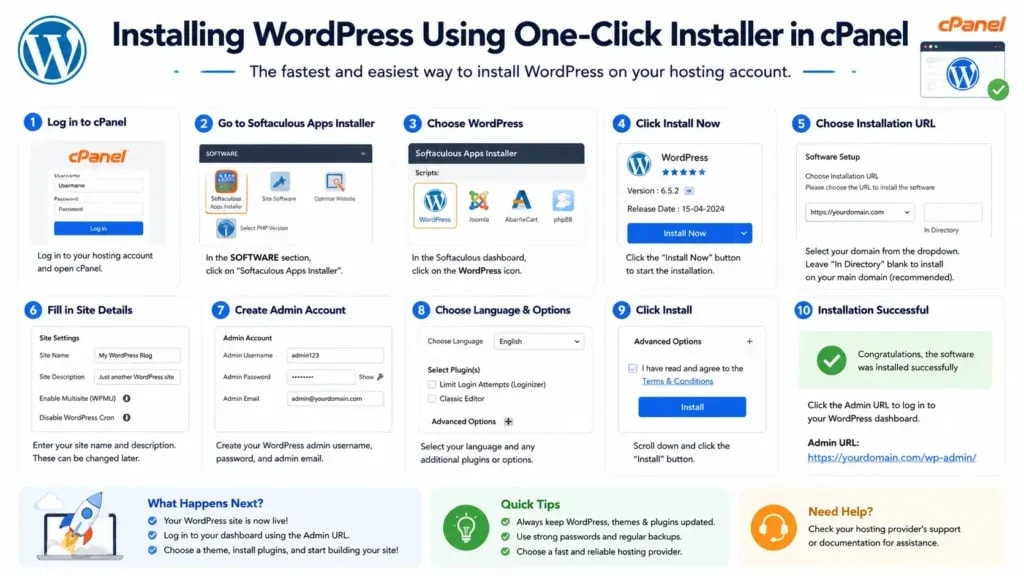 Installing WordPress using one-click installer in cPanel