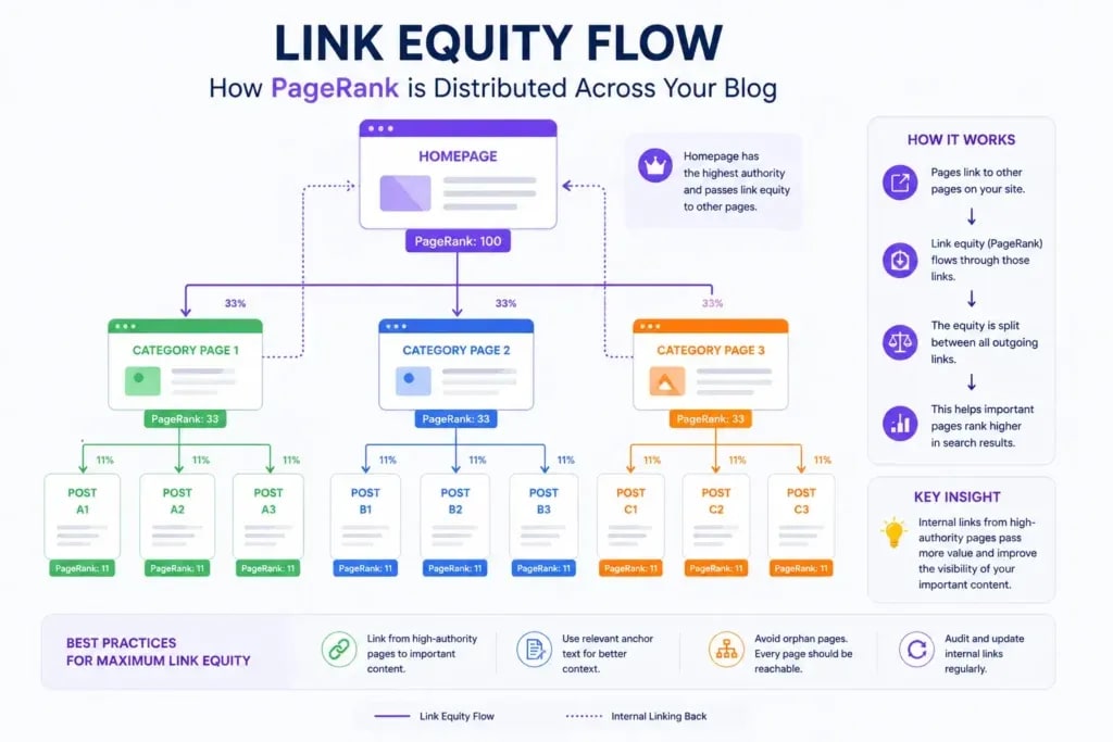 Link equity flow diagram showing PageRank distribution