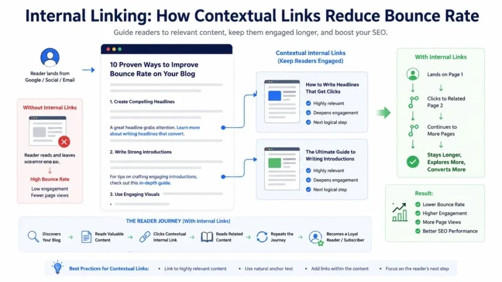 Internal linking diagram showing how contextual links reduce bounce rate