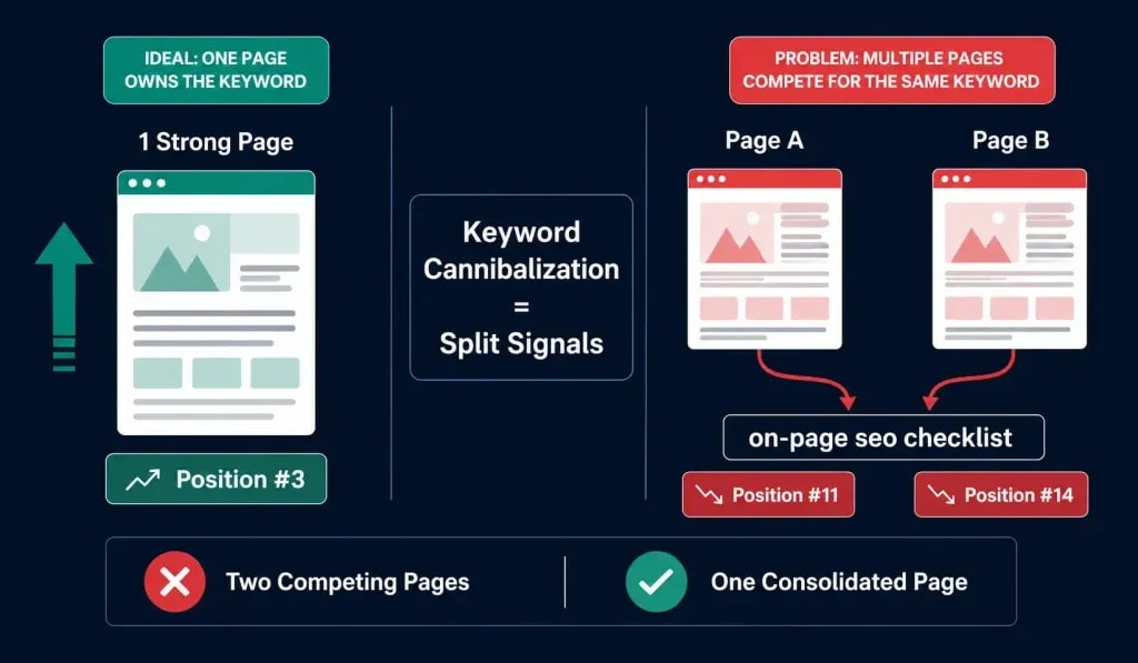 Keyword cannibalization diagram showing two pages splitting Google ranking signals for the same keyword