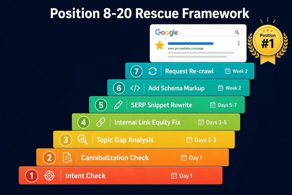 Position 8-20 SEO rescue framework showing 7 steps to move stuck pages into Google top 5