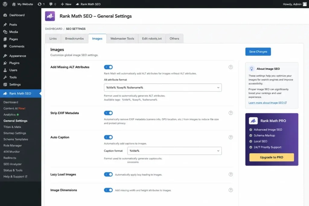 Rank Math General Settings Images tab showing Image SEO options