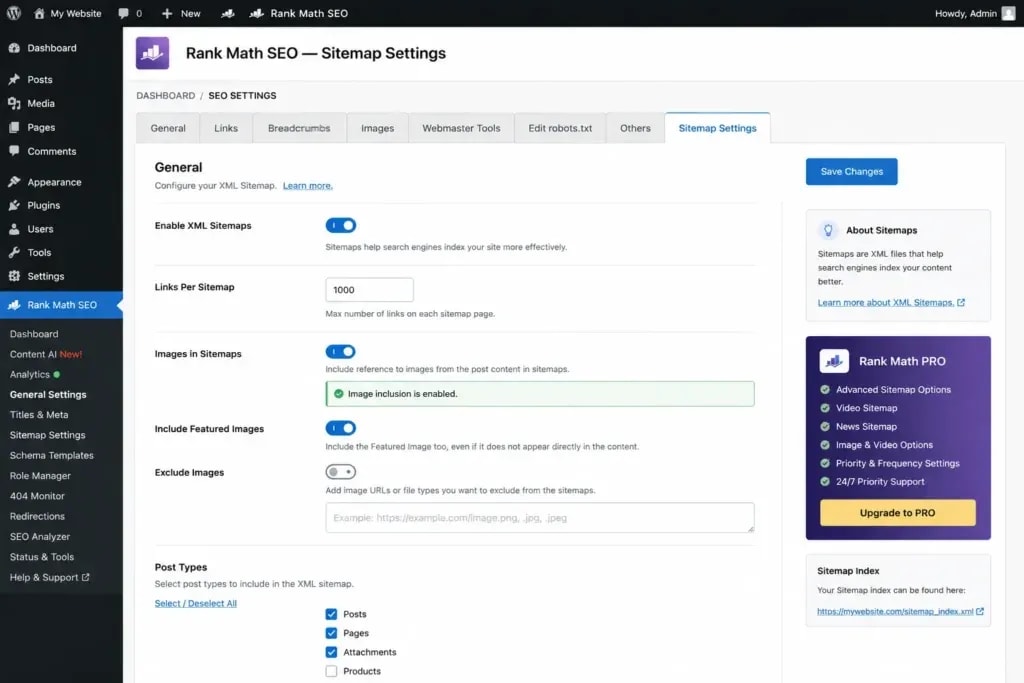 Rank Math XML sitemap settings with image inclusion enabled