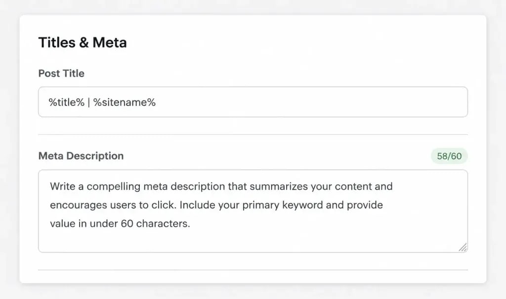 Rank Math Titles and Meta settings panel showing title pattern variables and meta description fields for WordPress posts