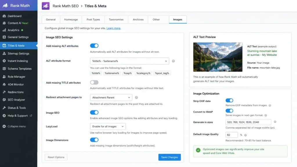 RankMath settings panel for image optimization and alt text