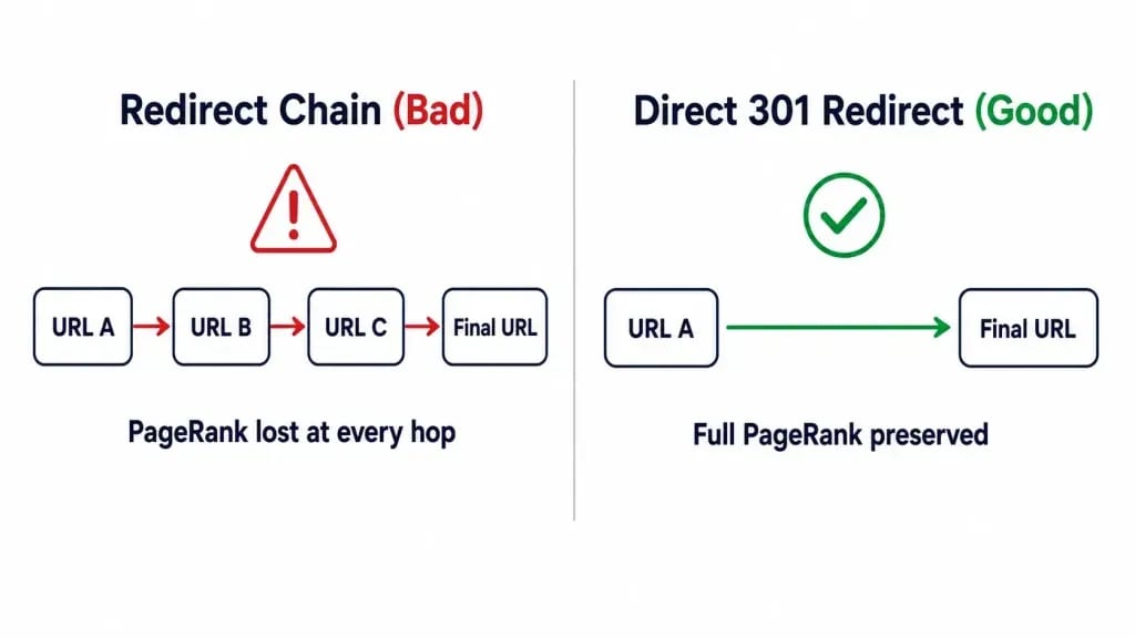 Flowchart comparing a three-hop redirect chain to a single direct 301 redirect