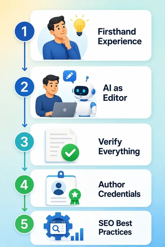 Five-step framework for publishing AI-assisted content safely: Start with Firsthand Experience, Use AI as an Editor, Verify Everything, Add Author Credentials, Follow SEO Best Practices