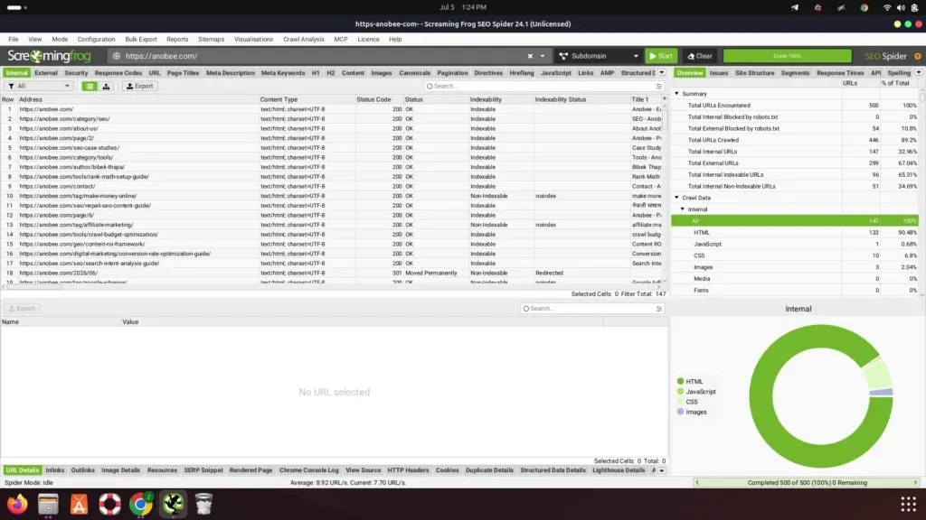 Screaming Frog SEO Spider showing crawl results for a small blog within 500 URL free limit