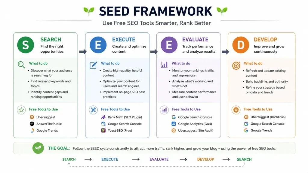 Diagram showing the SEED framework - Search, Execute, Evaluate, Develop - for free SEO tools
